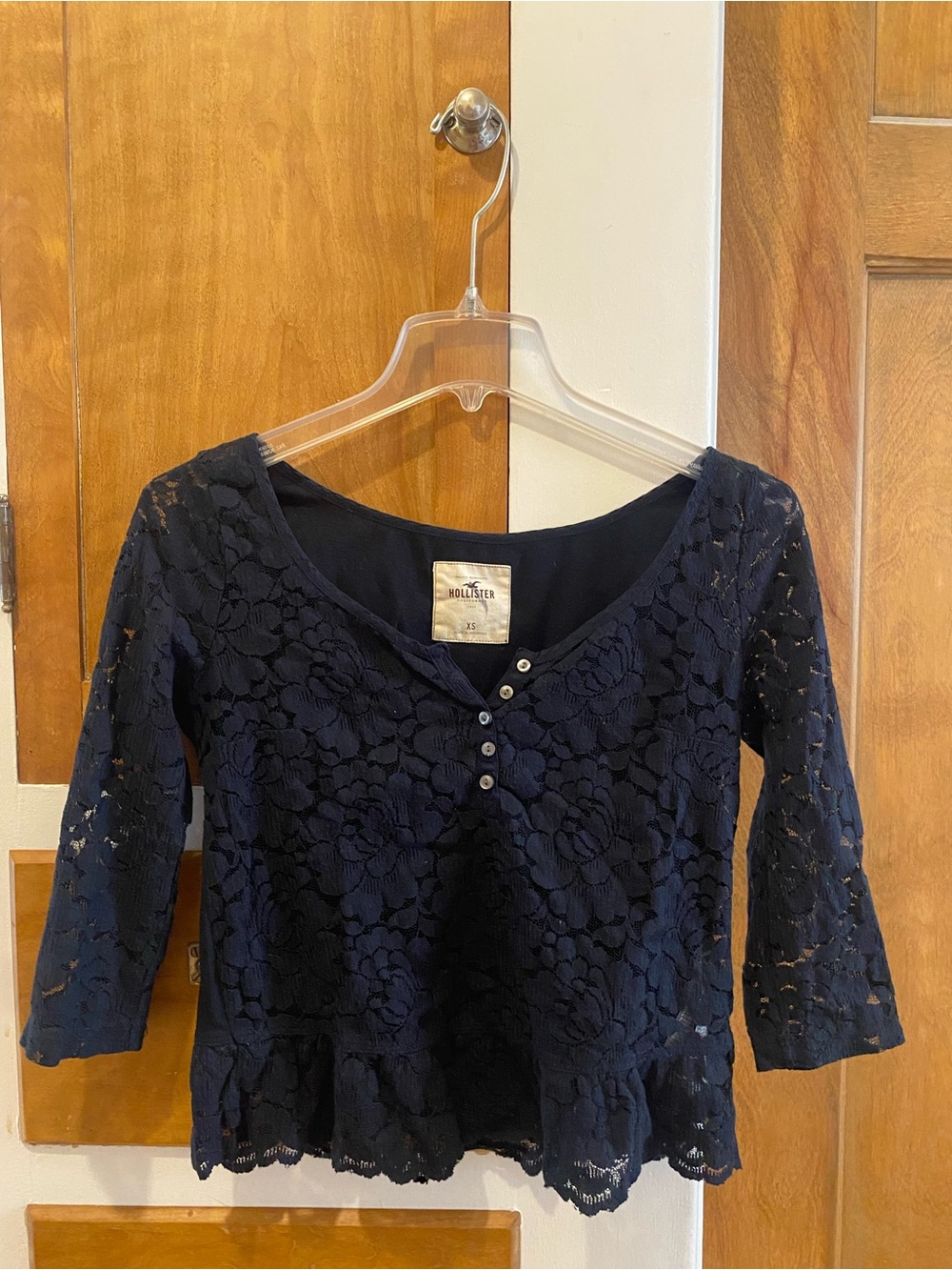 Hollister Navy Floral Lace Henley Blouse